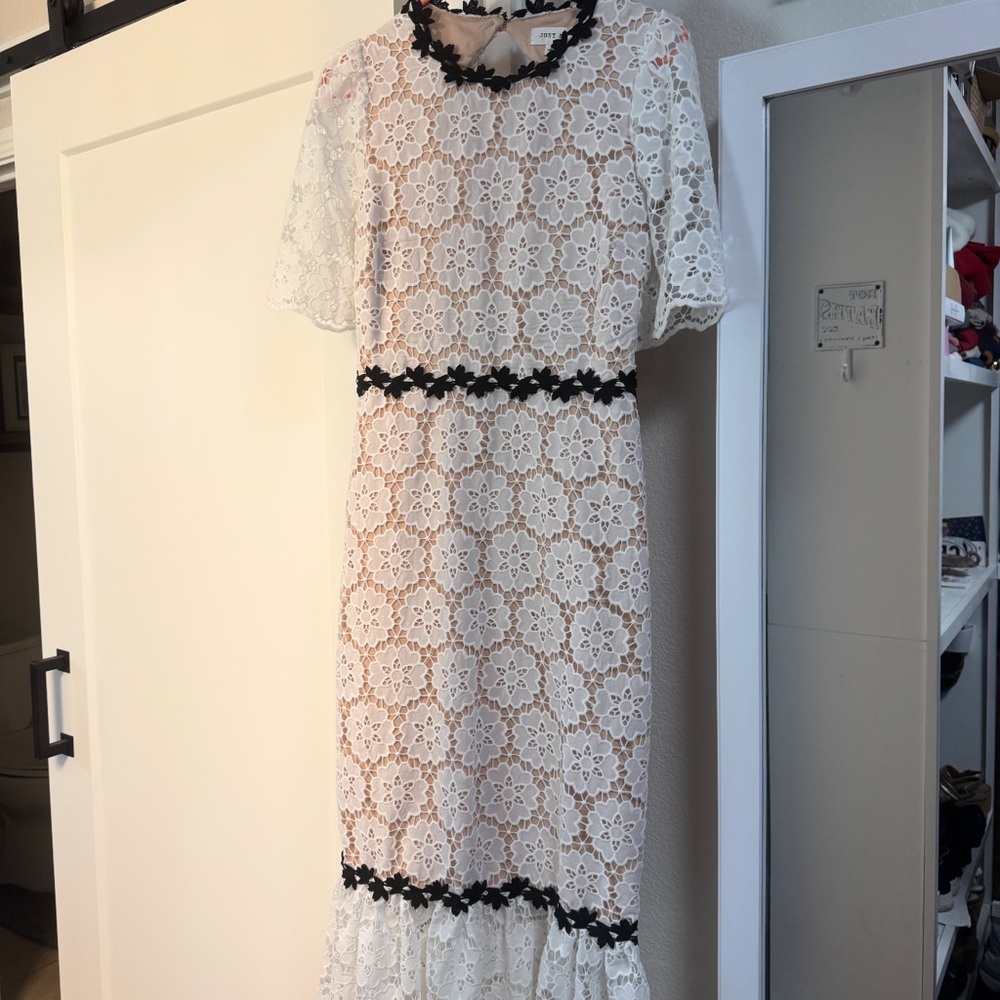 Just Me White Lace Midi Dress with Black Details